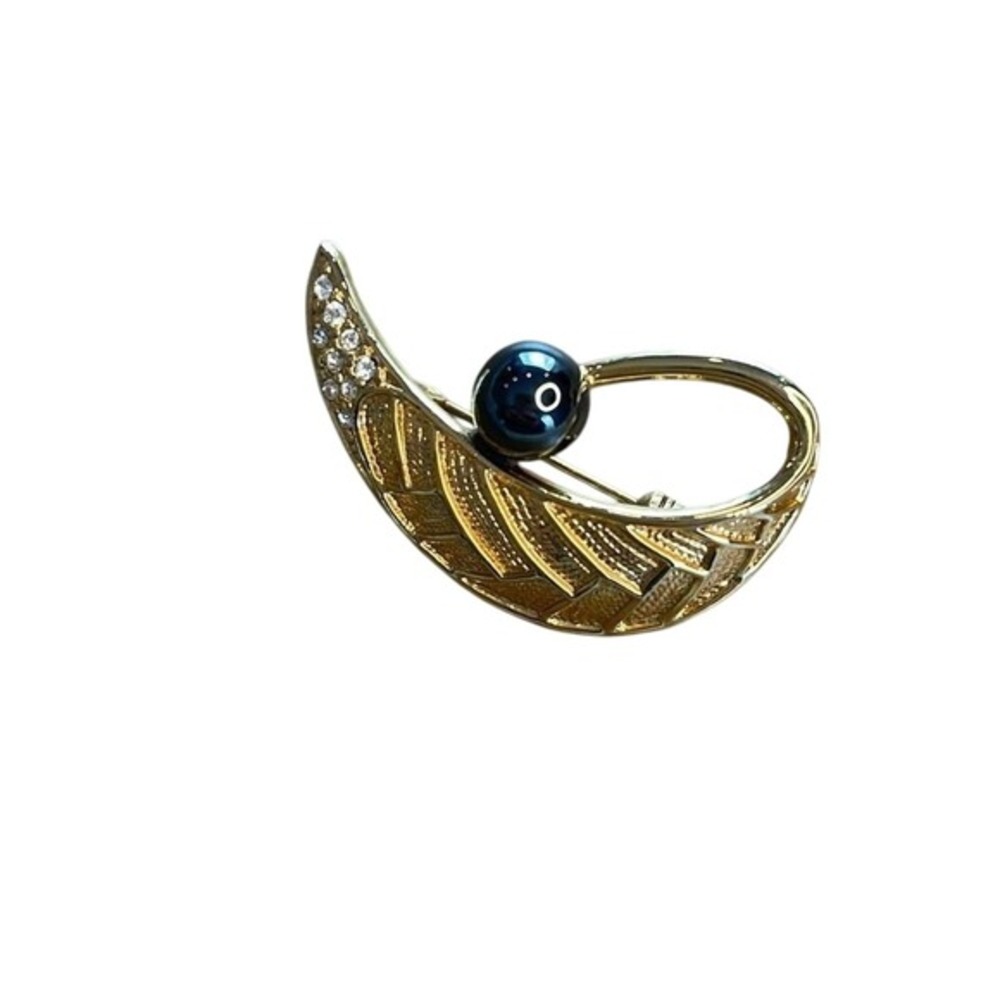 Vintage‎ Art Deco Gold Tone Faux Black Pearl Rhinestone Brooch from Unbranded - Picture 10 of 10